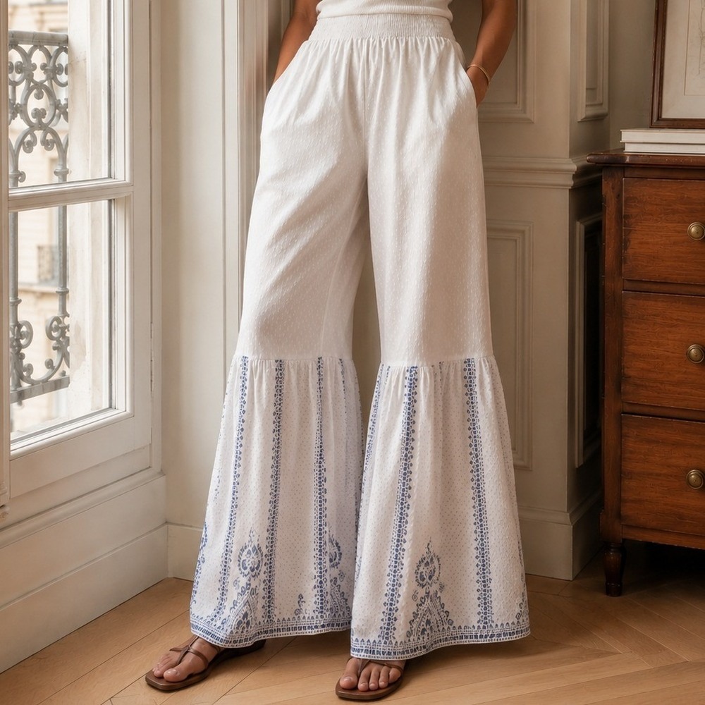 W for Woman White Blue Printed Bell Bottom Pull On Sharara Pants Size 12